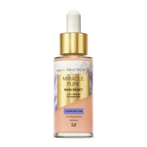 Miracle Pure Serum + Base 2 en 1 de Max Factor: tenés cobertura y ingredientes antimanchas y antioxidantes como la niacinamida y bisabolol.