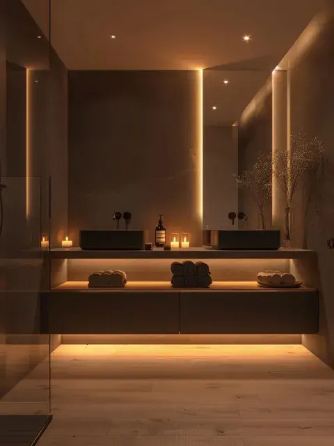 Podés agregar luces LED en el sector de los pisos del baño también
