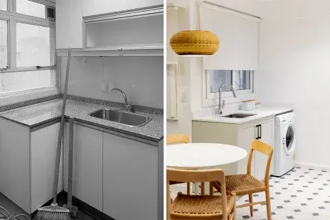 Mesada y alzada de Silestone 'Miami White' (Marmolería Ragolia). Piso porcelánico 'Tango Crespo Natural' de 60x60 (Barugel). Ventanas de DVH con marco de PVC (Aberturas Forti). Bacha 'E60' (Johson), grifería monocomando (Hansgrohe). Mesada y alzada de Silestone 'Miami White' (Marmolería Ragolia). Piso porcelánico 'Tango Crespo Natural' de 60x60 (Barugel). Ventanas de DVH con marco de PVC (Aberturas Forti). Bacha 'E60' (Johson), grifería monocomando (Hansgrohe).