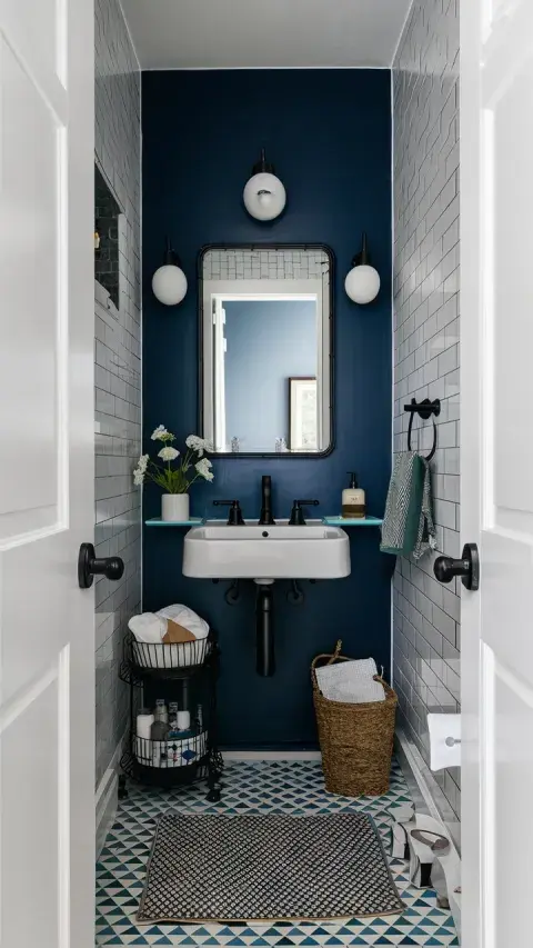 Baño pequeño con pared de color azul.