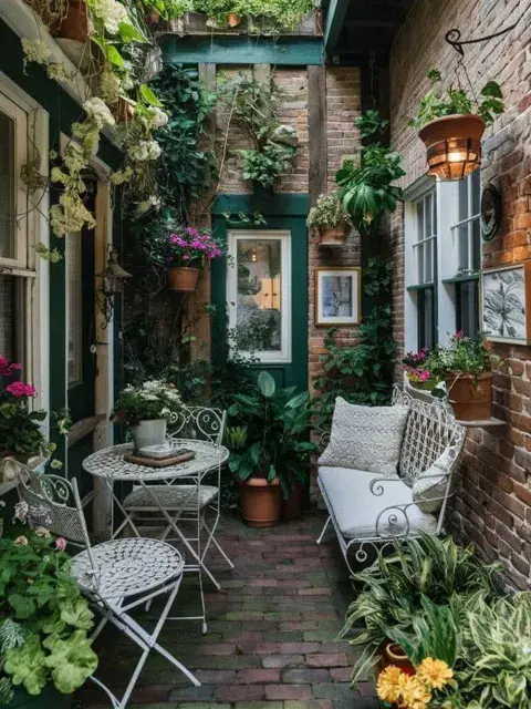 Plantas, farolitos de pared y mesas y sillas de hierro Plantas, farolitos de pared y mesas y sillas de hierro