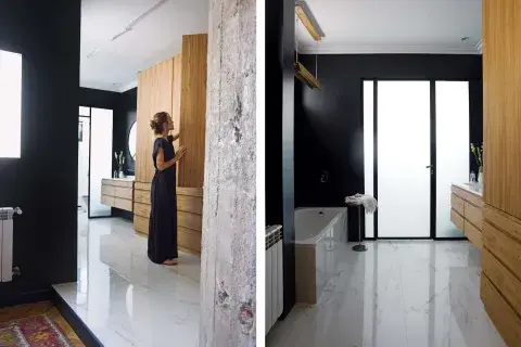 Junto a la bañadera de acero porcelanizado (Blaisten) con grifería monocomando (Hansgrohe), mesa de apoyo con pie cromado (Duveen). El mueble colgante de petiribí está protegido con laca poliuretánica. Junto a la bañadera de acero porcelanizado (Blaisten) con grifería monocomando (Hansgrohe), mesa de apoyo con pie cromado (Duveen). El mueble colgante de petiribí está protegido con laca poliuretánica.