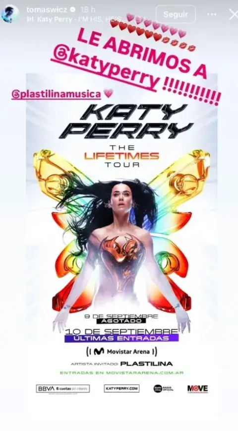 El dúo Plastilina, formado por Paloma Sirvén y Tomás Wicz, fue elegido por Katy Perry para abrir sus shows del 9 y 10 de septiembre en el Movistar ArenaEl dúo Plastilina, formado por Paloma Sirvén y Tomás Wicz, fue elegido por Katy Perry para abrir sus shows del 9 y 10 de septiembre en el Movistar Arena