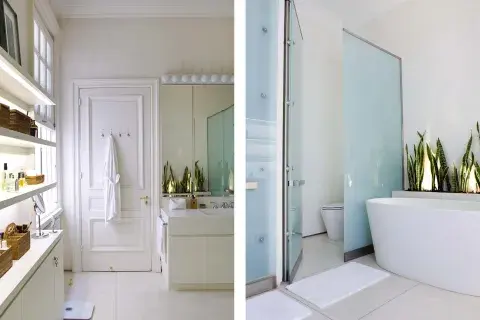 Sobre un mueble con puertas de laca blanca se ubicaron estantes empotrados con tiras de led en el borde. La dueña de casa completó la estantería con canastos y cajas de ratán para guardar fragancias, bijou y maquillaje. Sobre un mueble con puertas de laca blanca se ubicaron estantes empotrados con tiras de led en el borde. La dueña de casa completó la estantería con canastos y cajas de ratán para guardar fragancias, bijou y maquillaje.