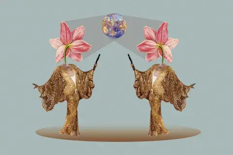ilustraciones de dos flores con cuerpos humanizados que miran hacia un planeta.