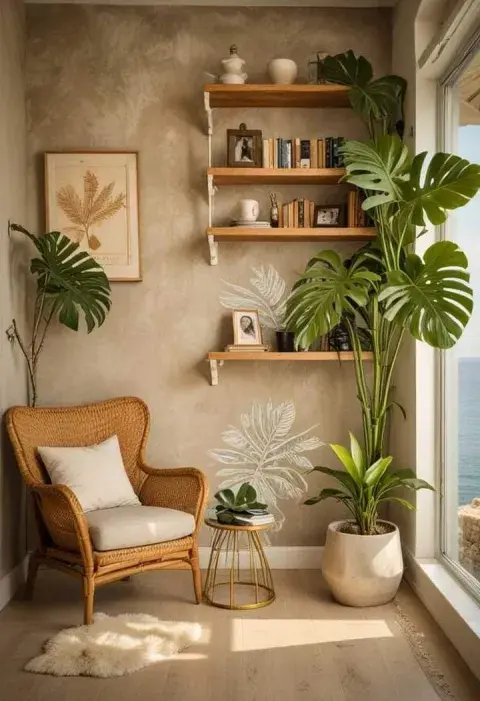 Un rincon de lectura con plantas