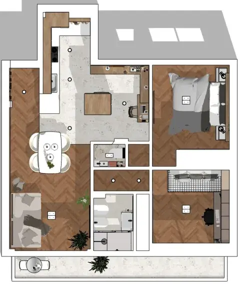 El plano del departamento donde la cocina quedaba como un ambiente relegado. El plano del departamento donde la cocina quedaba como un ambiente relegado.