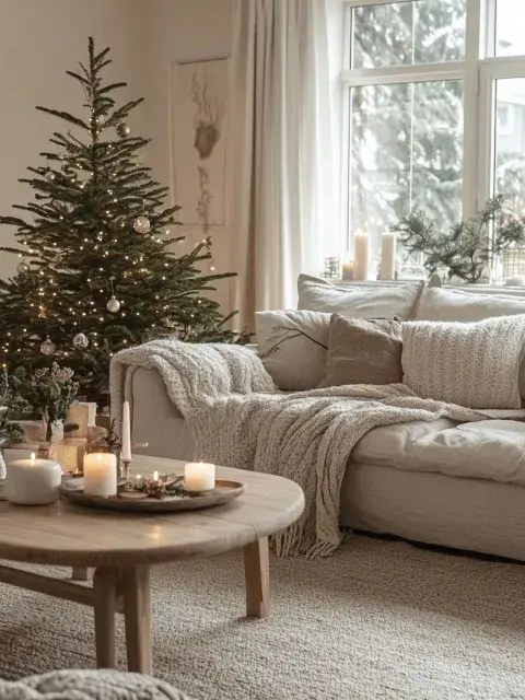 Utiliza un árbol natural o uno hecho de madera. Decóralo con adornos sencillos en blanco o madera, y usa una manta de piel sintética blanca a modo de base. Utiliza un árbol natural o uno hecho de madera. Decóralo con adornos sencillos en blanco o madera, y usa una manta de piel sintética blanca a modo de base.