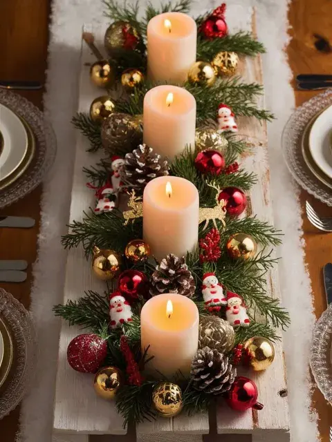 Por último, una propuesta que reúne adornos viejos, adornos naturales y velas Por último, una propuesta que reúne adornos viejos, adornos naturales y velas