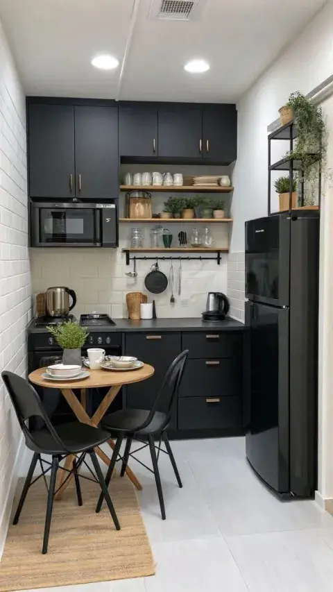 Una cocina pequeña en donde el color negro es protagonista Una cocina pequeña en donde el color negro es protagonista