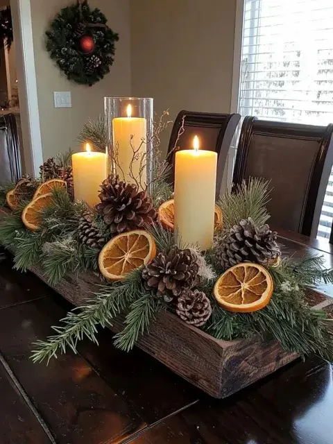 Con velas de diferentes tamaños, algo de piñas y naranjas secas Con velas de diferentes tamaños, algo de piñas y naranjas secas
