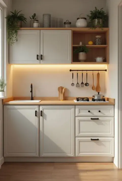 Colocá luces LED debajo de los muebles altos o lámparas inalámbricas en estantes para crear un entorno funcional y cálido. Colocá luces LED debajo de los muebles altos o lámparas inalámbricas en estantes para crear un entorno funcional y cálido.