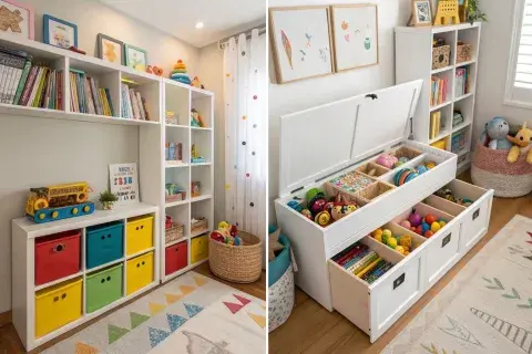 Cuando el espacio en el suelo es limitado, las paredes se convierten en grandes aliadas. Incorporar estanterías flotantes, organizadores de pared o ganchos permite liberar superficie para que los niños puedan jugar y moverse con libertad. Cuando el espacio en el suelo es limitado, las paredes se convierten en grandes aliadas. Incorporar estanterías flotantes, organizadores de pared o ganchos permite liberar superficie para que los niños puedan jugar y moverse con libertad.