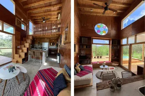 El corazón de la casa es la madera: tanto el sistema constructivo como las terminaciones son de eucalipto saligna de reforestación. El corazón de la casa es la madera: tanto el sistema constructivo como las terminaciones son de eucalipto saligna de reforestación.