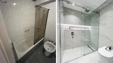 Uno de los baños, antes y después Uno de los baños, antes y después