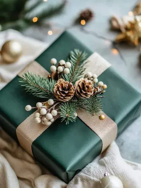 Las cintas de raso, lino o velvet en tonos navideños —rojo, verde, dorado o borgoña— aportan un acabado cálido y sofisticado.