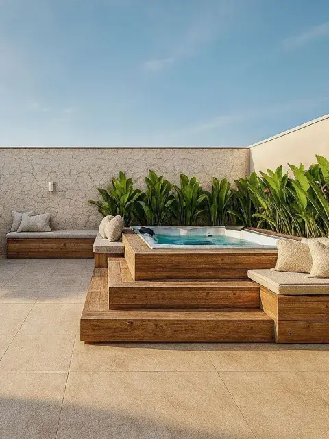 La combinación de deck y jardineras aporta frescura y un toque verde al diseño. La combinación de deck y jardineras aporta frescura y un toque verde al diseño.