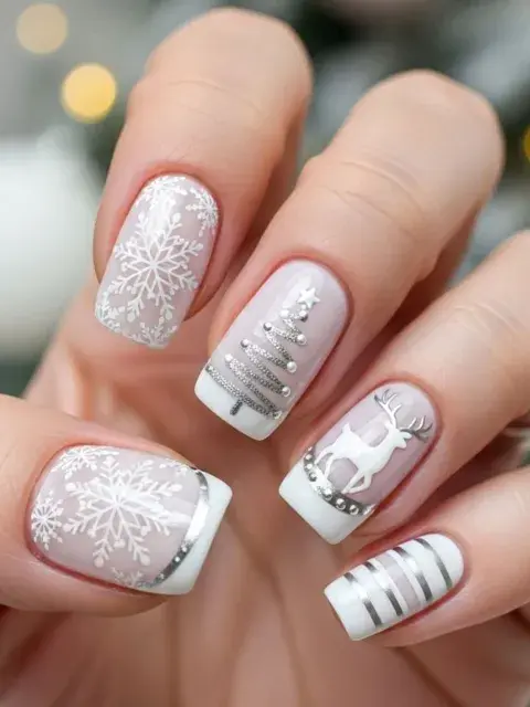 En blanco, plateado y con pequeñas perlas En blanco, plateado y con pequeñas perlas