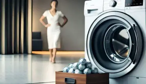 Foto de lavarropas y pelotas de aluminio.
