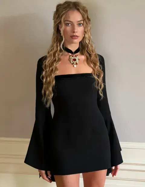 Las mangas acampanadas aportaron dramatismo al conjunto, potenciado por un choker de terciopelo negro con una joya central en oro y rubí, que remite de lleno a una estética victoriana. Las mangas acampanadas aportaron dramatismo al conjunto, potenciado por un choker de terciopelo negro con una joya central en oro y rubí, que remite de lleno a una estética victoriana.