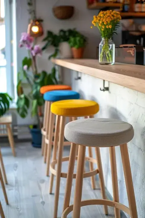 Un taburete colorido o con un diseño sculptural puede ser el punto focal que eleva tu cocina sin grandes inversiones