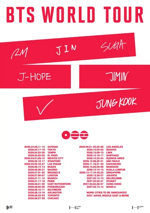 El calendario completo del Tour 2026 de BTS, que incluye a Argentina.