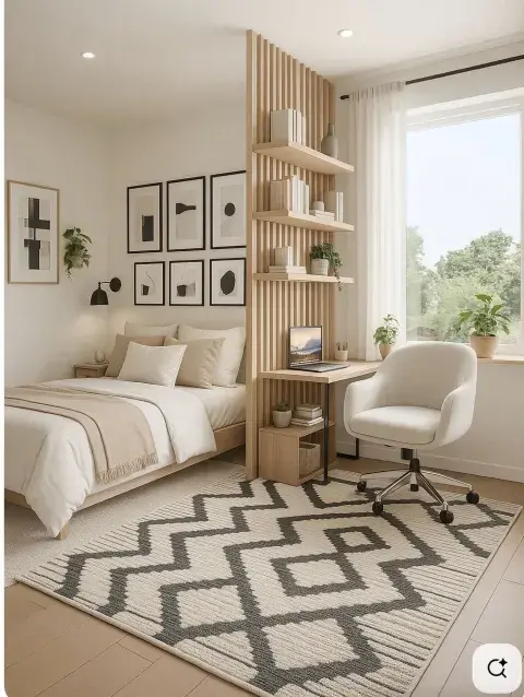 Una forma muy eficiente de dividir un dormitorio es colocar una estantería abierta o modular en medio de la habitación. Una forma muy eficiente de dividir un dormitorio es colocar una estantería abierta o modular en medio de la habitación.