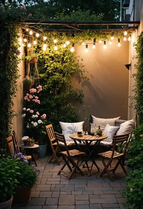 La iluminación transforma por completo un mini patio.