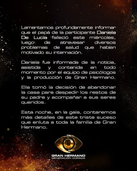 El Comunicado oficial sobre la muerte del padre de Daniela, participante de Gran Hermano Generación Dorada. El Comunicado oficial sobre la muerte del padre de Daniela, participante de Gran Hermano Generación Dorada.