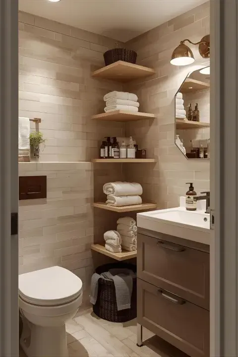 Aprovechar los rincones: la clave del buen almacenamiento en baños chicos.