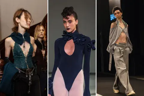 Kosiuko suma un cuello a un body de encaje, Sadaels cala una gota en un body polera y Luz Ballestero reformula la estructura de una camisa. Kosiuko suma un cuello a un body de encaje, Sadaels cala una gota en un body polera y Luz Ballestero reformula la estructura de una camisa.