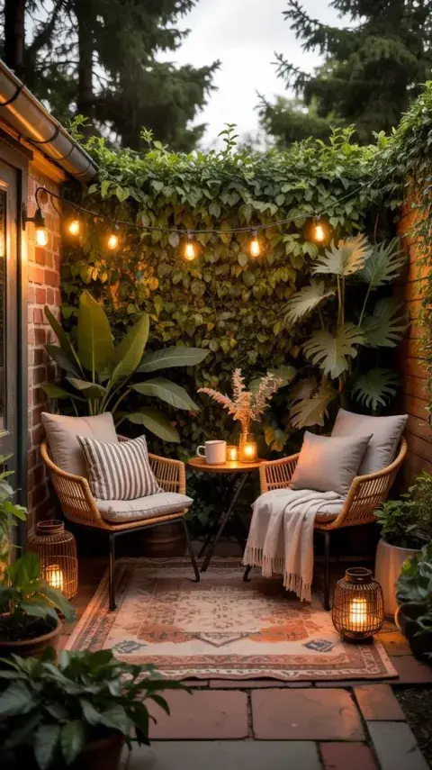 En patios pequeños, una alternativa simple es colocar velones grandes o faroles, que aportan sensación de abrigo visual.