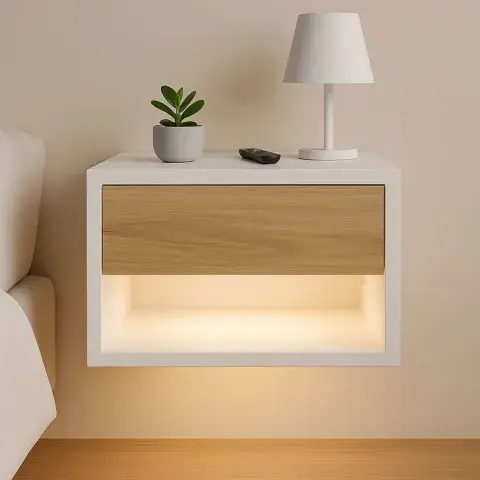 Mesas de luz flotantes: liviandad visual y metros liberados Mesas de luz flotantes: liviandad visual y metros liberados