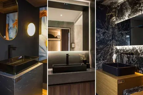 El negro absoluto se apodera de los lavabos. De izquierda a derecha: bacha geométrica en el espacio de Gaby López Monzón, diseño rectangular minimalista de Halesa y bacha sobre mármol veteado de Adriana Randazzo. El negro absoluto se apodera de los lavabos. De izquierda a derecha: bacha geométrica en el espacio de Gaby López Monzón, diseño rectangular minimalista de Halesa y bacha sobre mármol veteado de Adriana Randazzo.