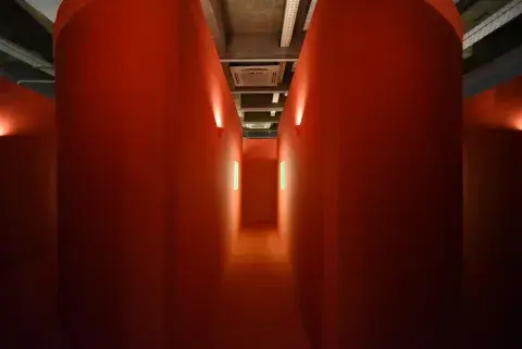 Ballesteros desarrolla una instalación inmersiva compuesta por pasillos sinuosos que conducen al visitante a una experiencia de recorrido no lineal. 