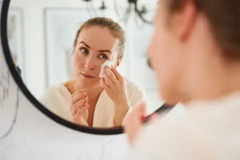 Foto de mujer limpiándose la cara. Foto de mujer limpiándose la cara.