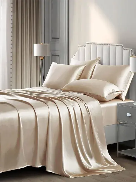 Foto de cama con sabanas de saten