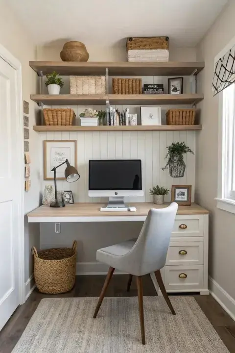 La idea es que el home office sea funcional durante el día, pero que no invada visualmente el resto del ambiente cuando termina la jornada laboral.