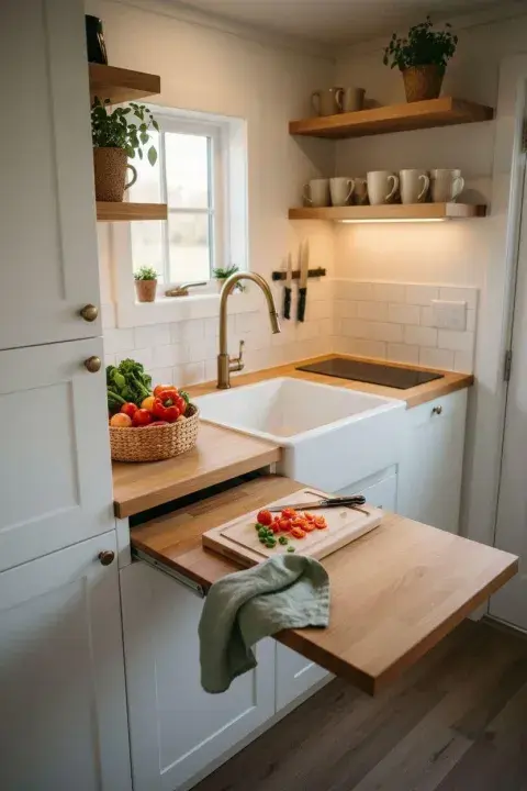 En cocinas tiny, dejar demasiados objetos a la vista puede hacer que el ambiente se vea desordenado incluso cuando está limpio.