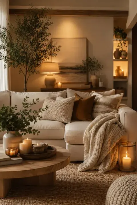 un living con una iluminación calida y velas un living con una iluminación calida y velas