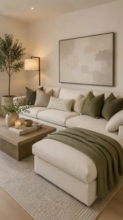 un living minimalista con colores neutros combinados con verde seco un living minimalista con colores neutros combinados con verde seco