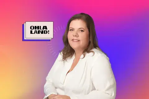 Recorte de Noelia Pace en un fondo multicolor para  el canal de streaming OHLALAND!