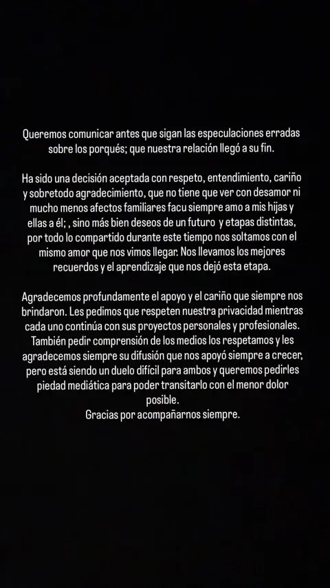Captura del comunicado con el que La Joaqui confirmó su separación de Luck Ra. Captura del comunicado con el que La Joaqui confirmó su separación de Luck Ra.