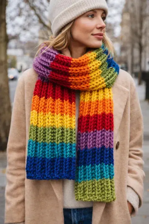 Look con colores neutros y bufanda multicolor. Look con colores neutros y bufanda multicolor.