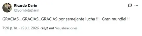 El tuit de Ricardo Darín en agradecimiento a la Selección Argentina. El tuit de Ricardo Darín en agradecimiento a la Selección Argentina.