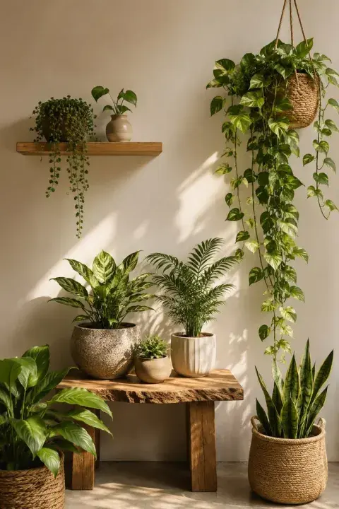 Plantas en un monoambiente sobre repisas, banco y suelo