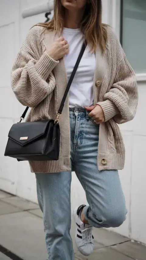 Una mujer con un jean, cardigan nude y remera blanca Una mujer con un jean, cardigan nude y remera blanca