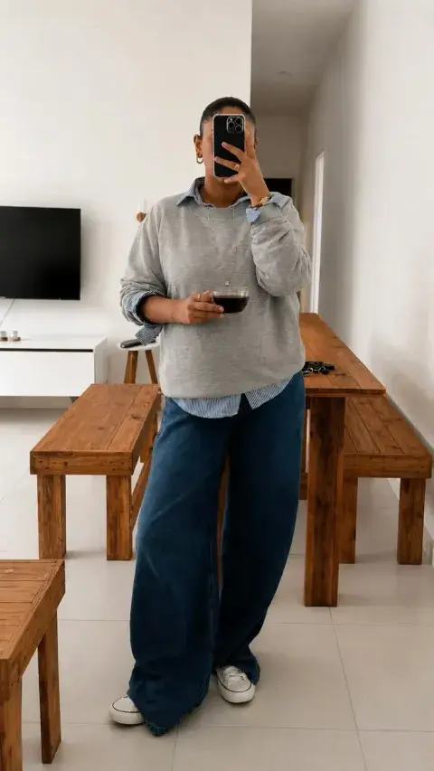 Una mujer con una camisa, sweater y jean oversize Una mujer con una camisa, sweater y jean oversize