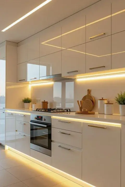 Mueble de cocina en color blanco iluminada Mueble de cocina en color blanco iluminada