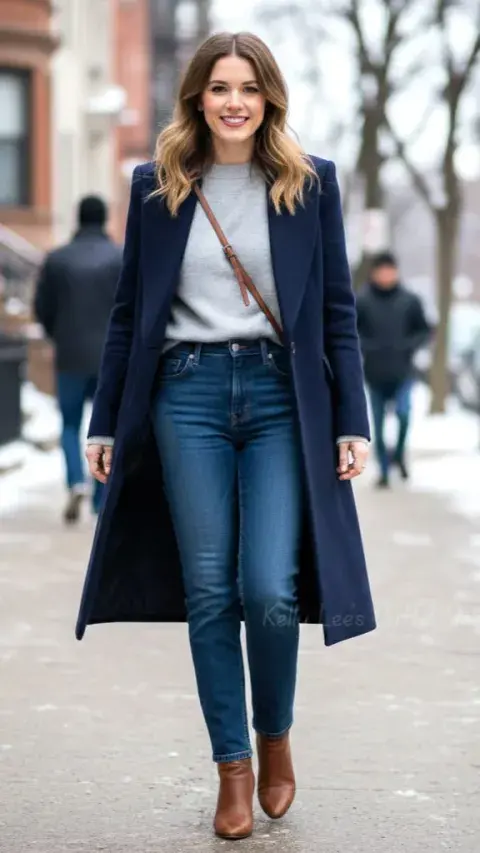 Mujer en la calle con tapado, jean y sweater Mujer en la calle con tapado, jean y sweater